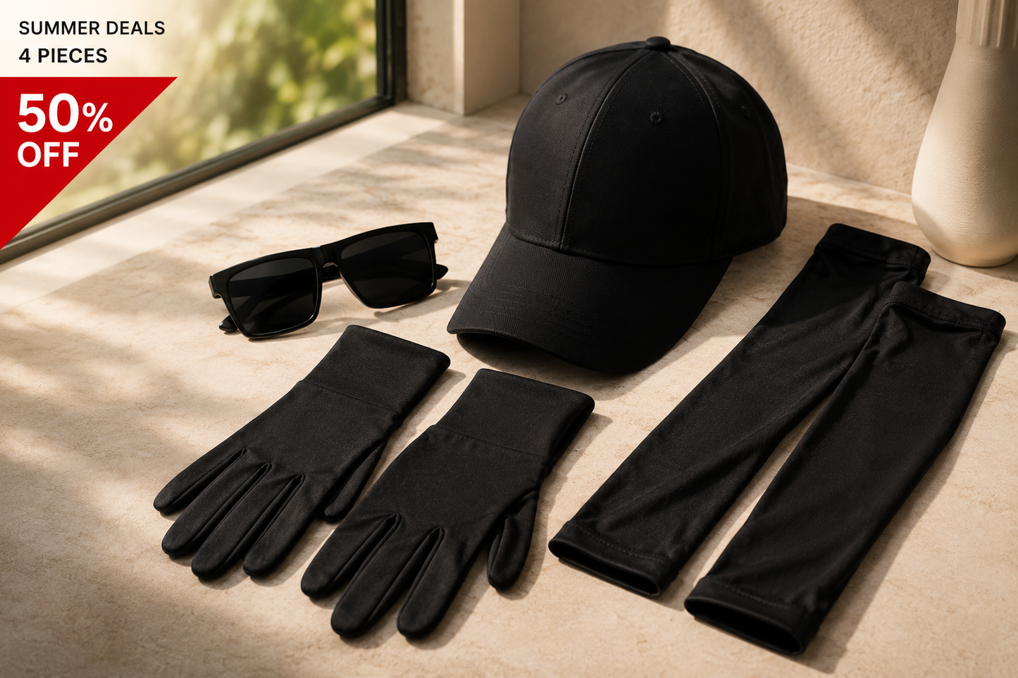 "Summer Essential 4-Piece Protection Kit - Cap, Gloves, Sleeves, Glasses - Available in White and Black - 50% Off".