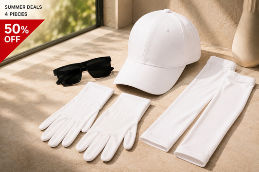 "Summer Essential 4-Piece Protection Kit - Cap, Gloves, Sleeves, Glasses - Available in White and Black - 50% Off".