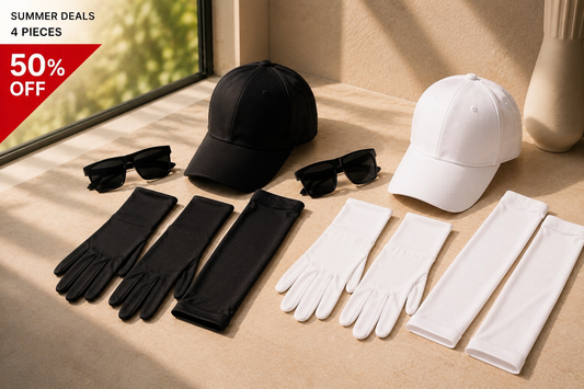 "Summer Essential 4-Piece Protection Kit - Cap, Gloves, Sleeves, Glasses - Available in White and Black - 50% Off".